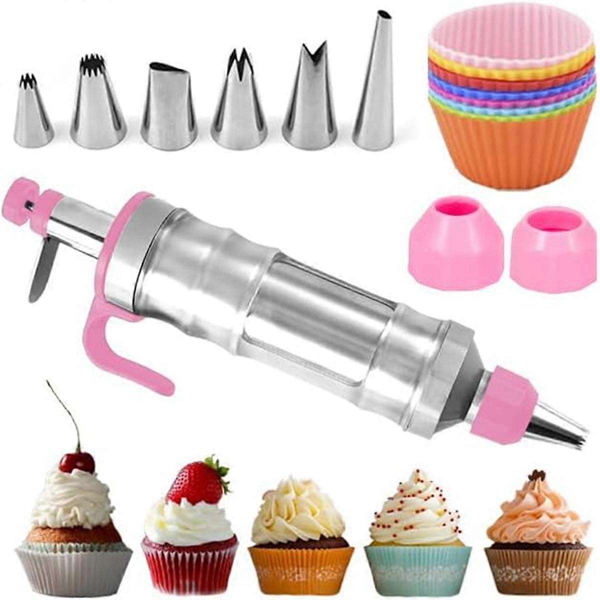 Dessert Decorating Syringe Set, Frosting Piping Kit Stainless Steels Cake Decorating Kit with 9 Silicone Cupcakes