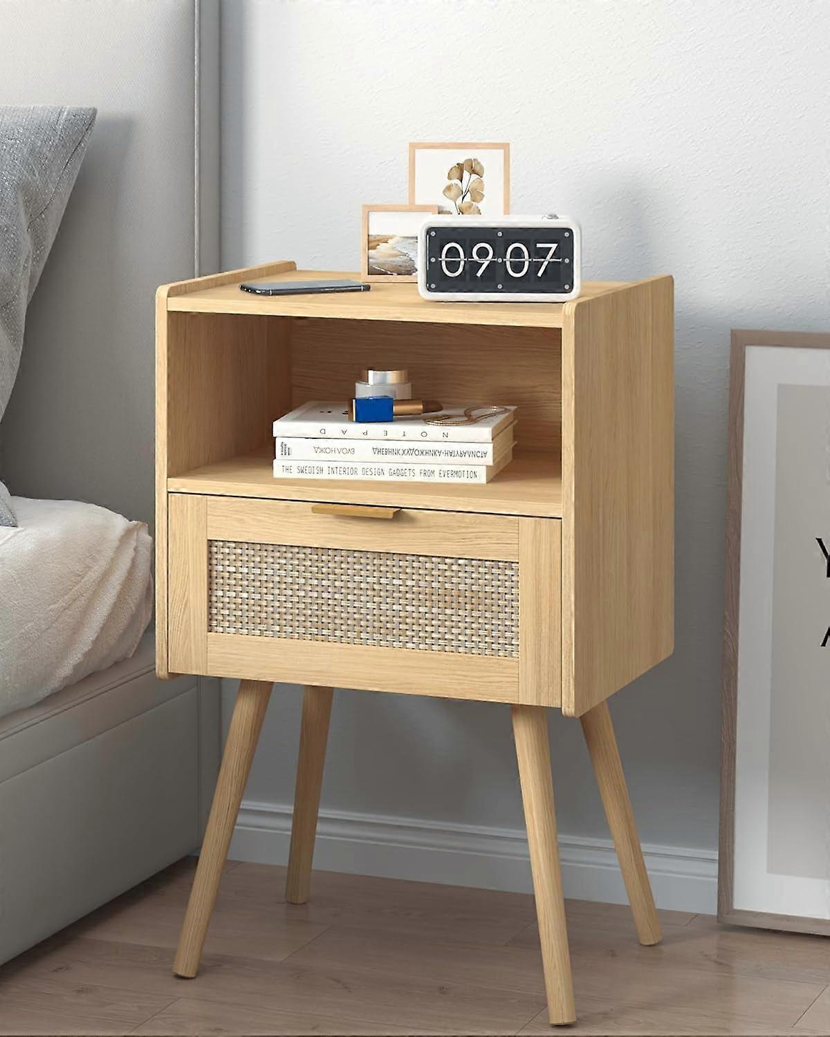 Rattan Nightstand with Storage Drawer & Open Shelf, Solid Wood Legs, Easy Assembly, Modern Bedside Table for Bedroom (Oak)