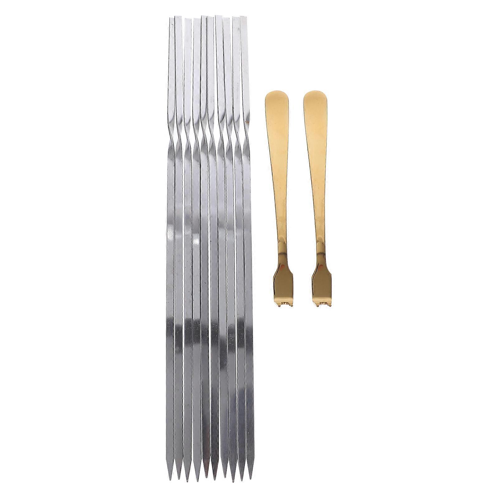 Grilling Skewers Set Long Flat Barbecue Tools for Meat Cooking Adults Silver Color 12Pcs