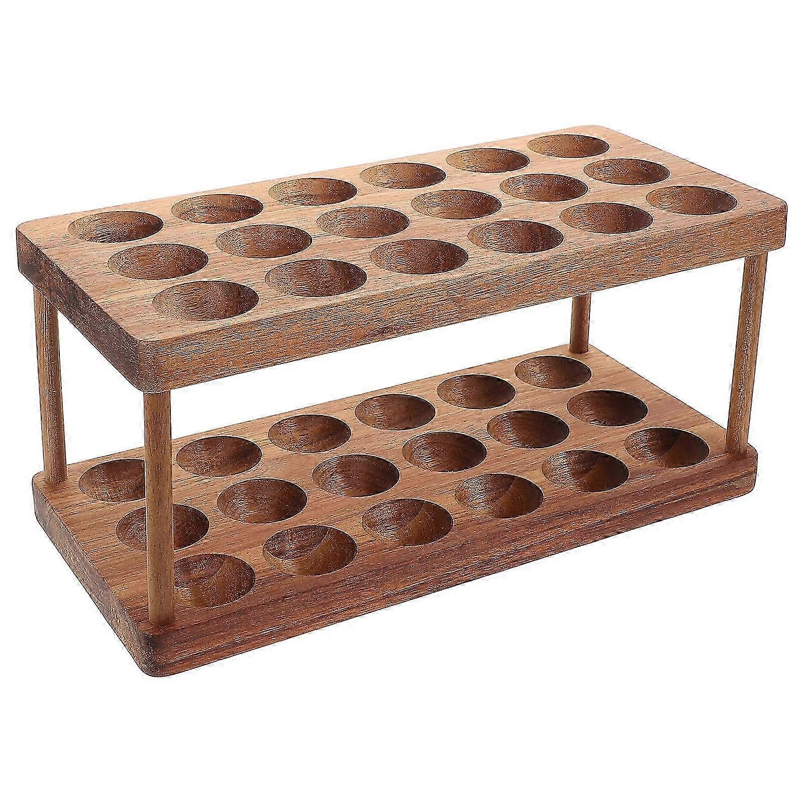 A 1-Pack, space saving, elegant wood design, double layer Egg Storage Rack for kitchen organization.