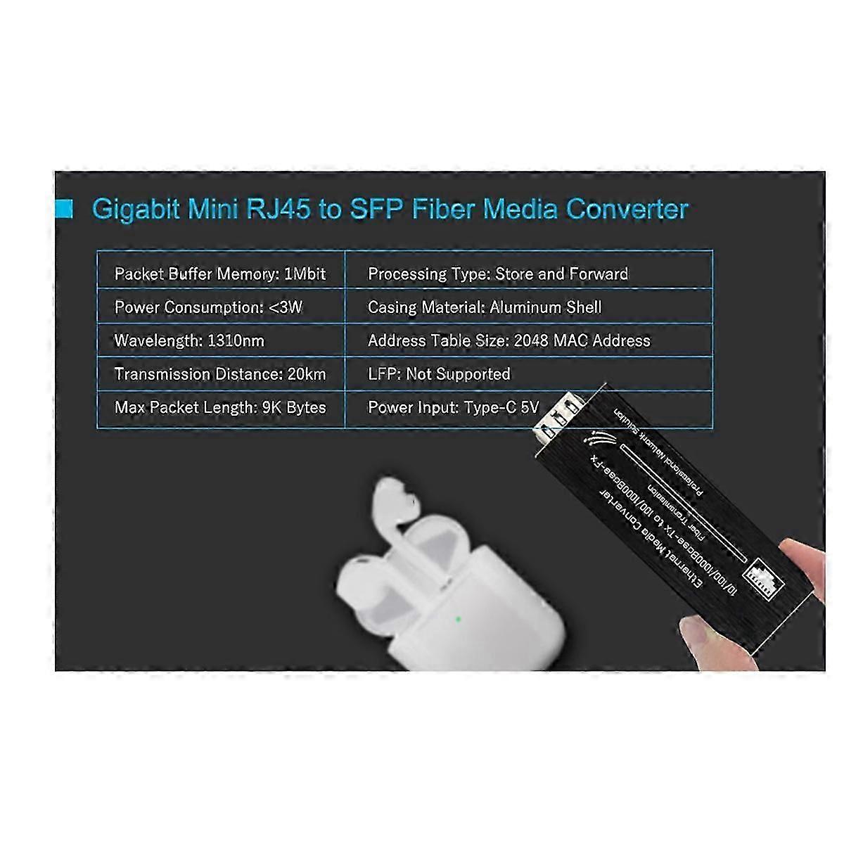 Mini Gigabit Fiber Media Converter 1000Mbps Ethernet with 1310nm Single Mode 20km SFP Module and Ty