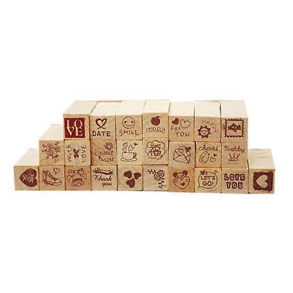 DIY Diary Stamp Set Wooden Rubber for Diary Use 25Pcs Beige