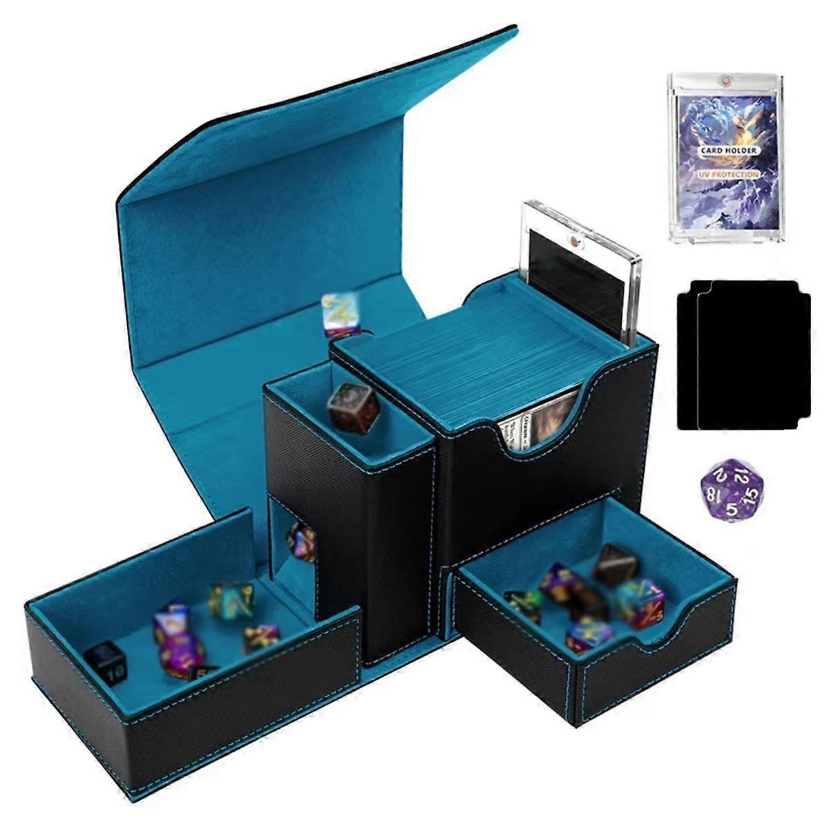 Card Box with Display Window, 4 in 1 with Dice and Isolation Card, Transaction Card Storage Box, Can Accommodate Blue