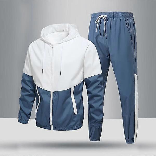Two-Piece Men's Hooded Colorblock Drawstring Sports Jacket Set with Contrast Colors Drawstring Waistband Regular Fit Casual Long-Sleeve Hood