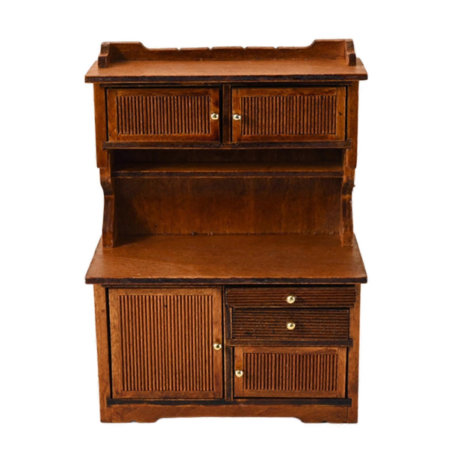 Antique 1/12 Miniature Sideboard with Working Door Dollhouses Scene Display Decoration Craft Project Layouts Accessories  walnut color