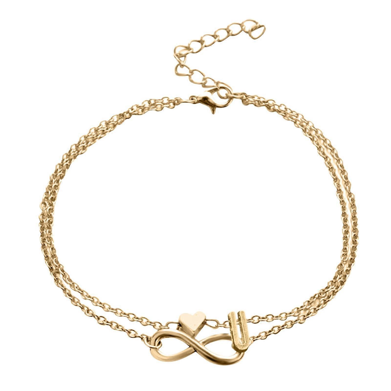 YUEHAO Heart Layer Anklet with Initial, 26 Letters Chain, Double Layer Foot Jewelry for Women