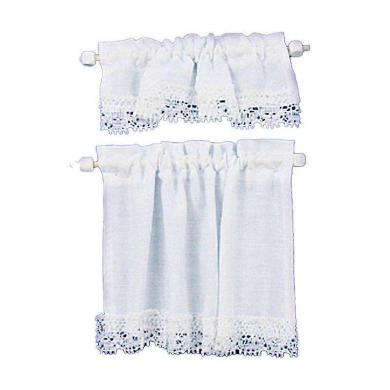 Dolls House White Curtain &amp; Pelmet Set On Rails Miniature 1:12 Window Accessory