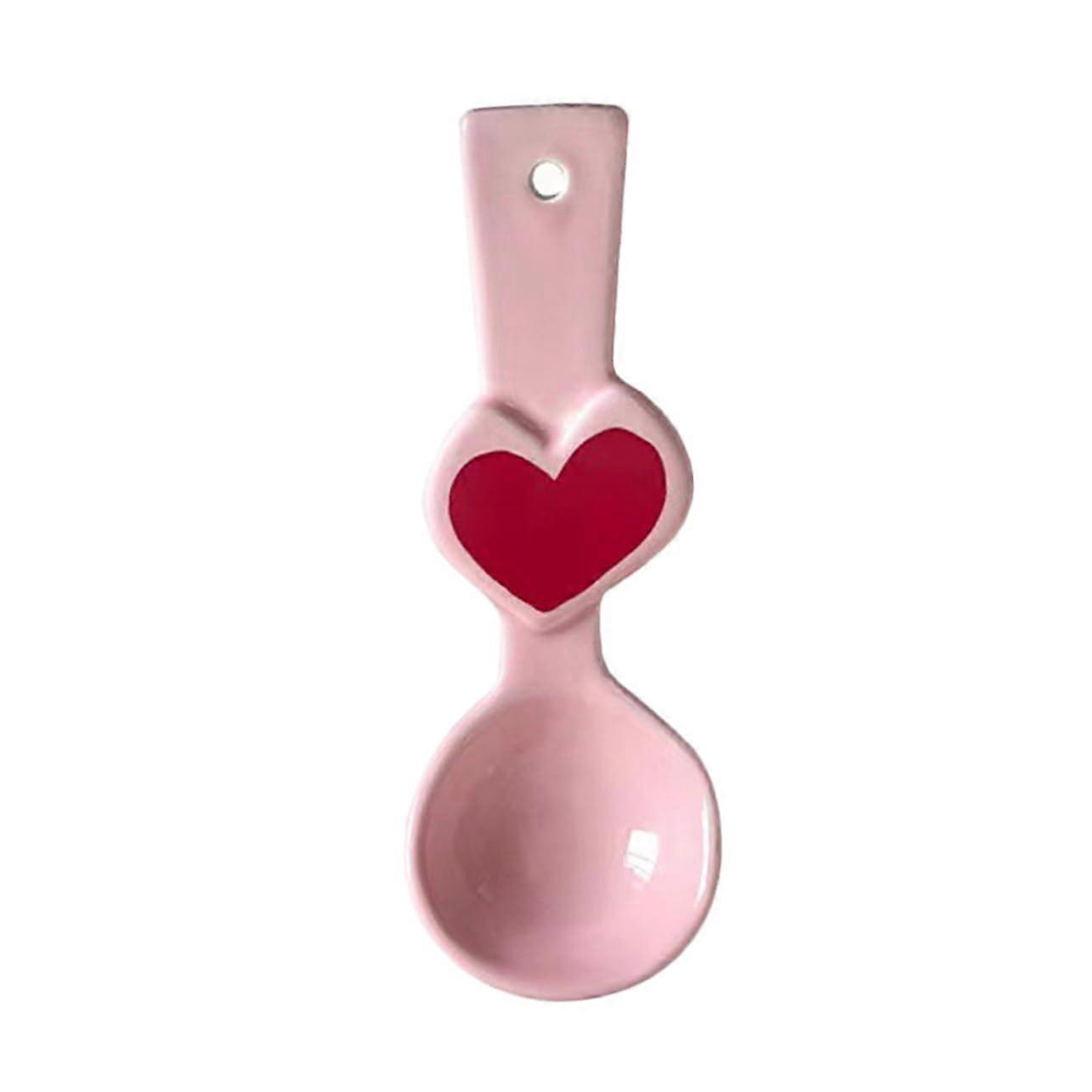 Heart Shaped Ceramic Soup Spoon with Ergonomic Handle for Dessert Coffee Juice Serving Pink