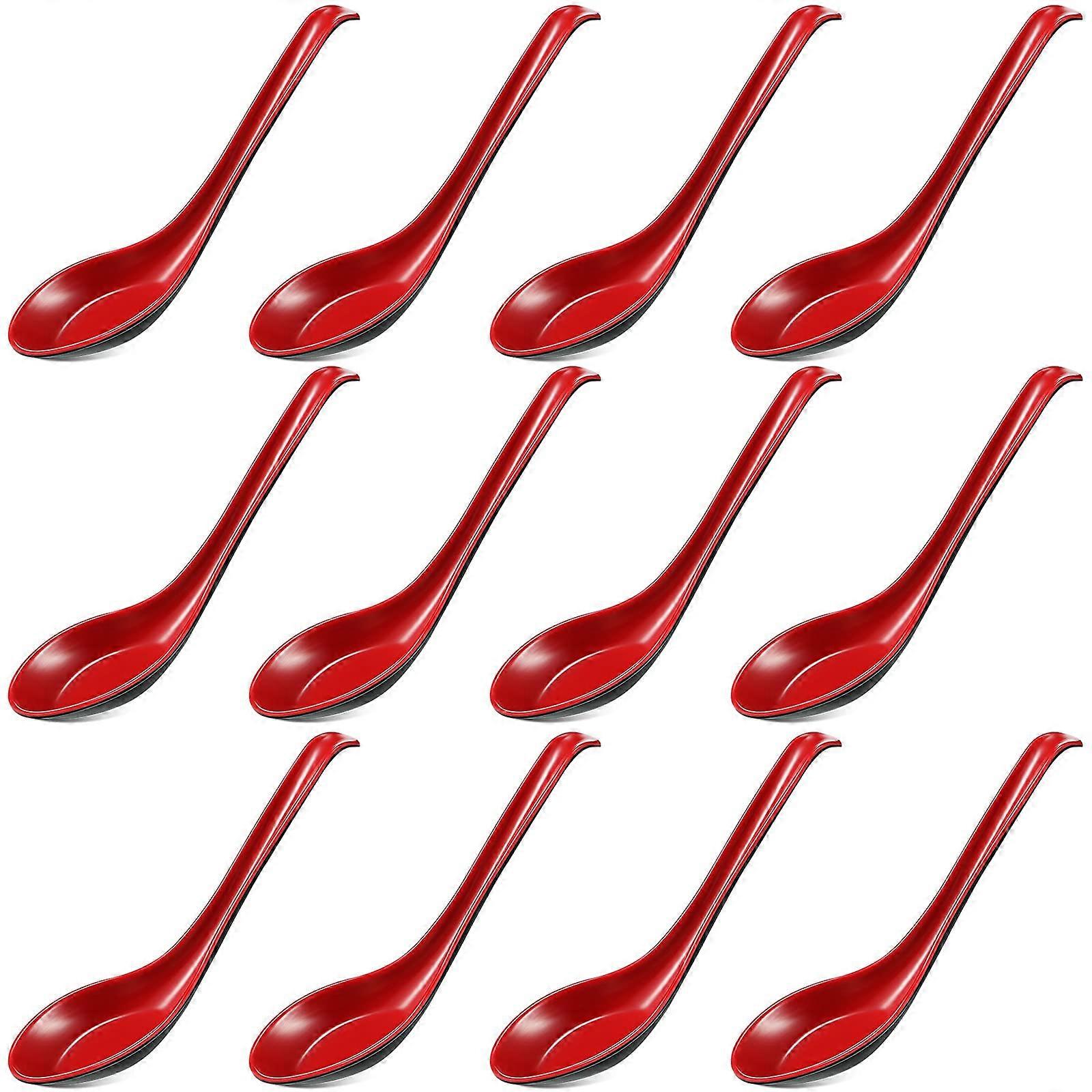 Soup Spoons Set of 12, Red and Black Rice and Noodle Serving Spoons for Home Kitchen Dining
