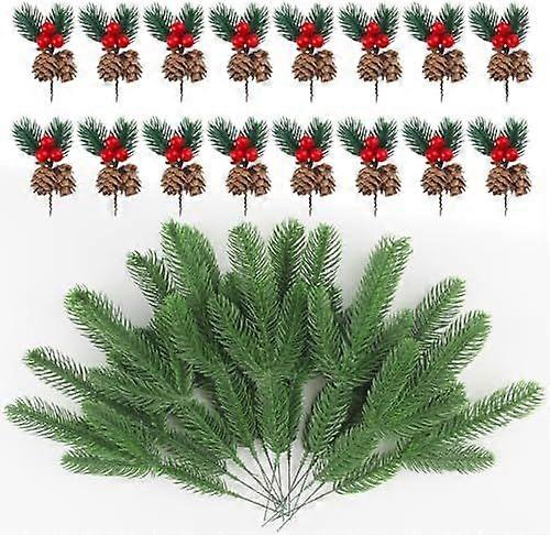 32pcs Artificial Pine Branches with Red Berries - Christmas Tree Picks for Tree, Wreath, Window, Ceiling & Vase Decoration (10-26cm)