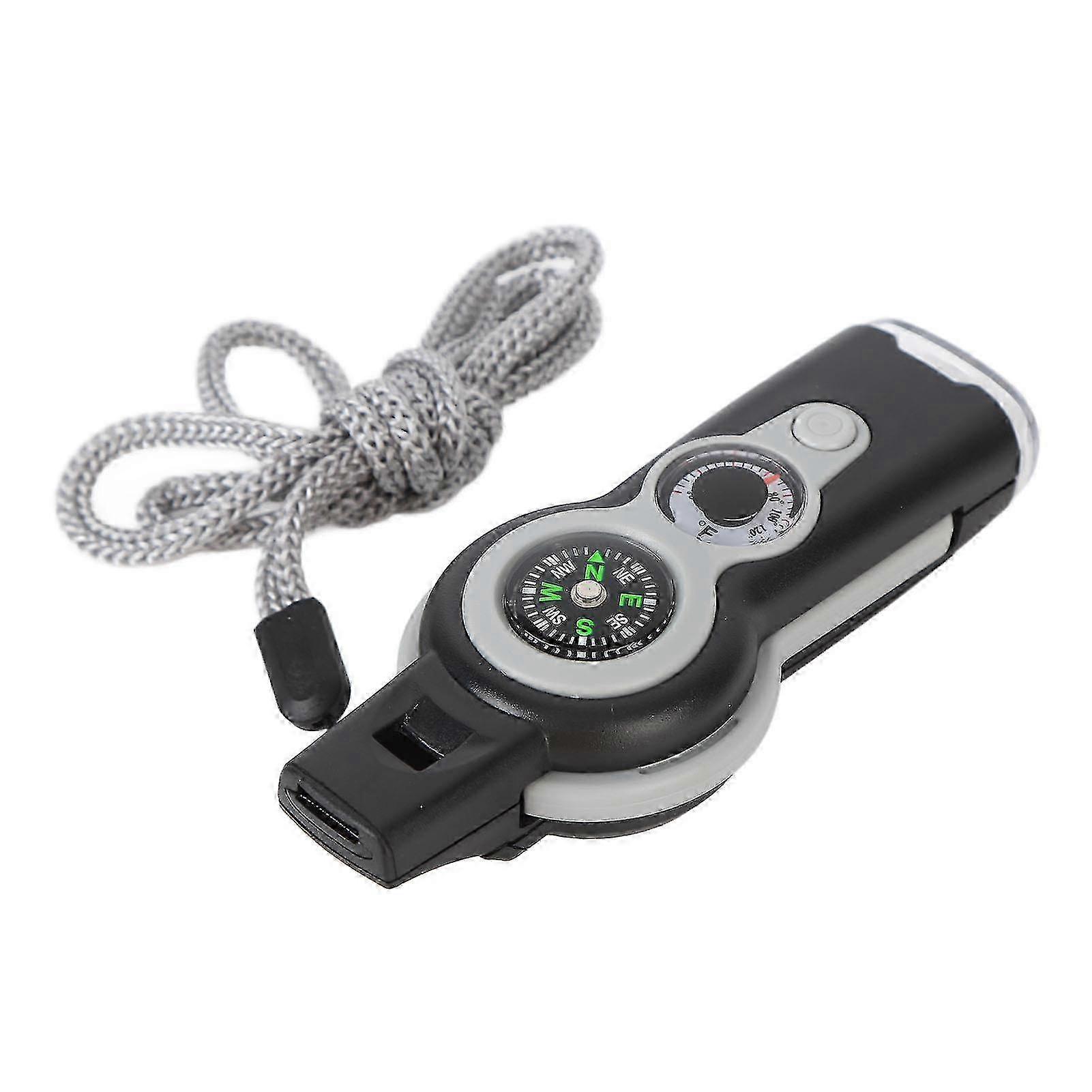 w 7 In 1 Emergency Survival Whistle Led Light Thermometer Compass Multi Function Whistle For Hiking Climbing Gray White
