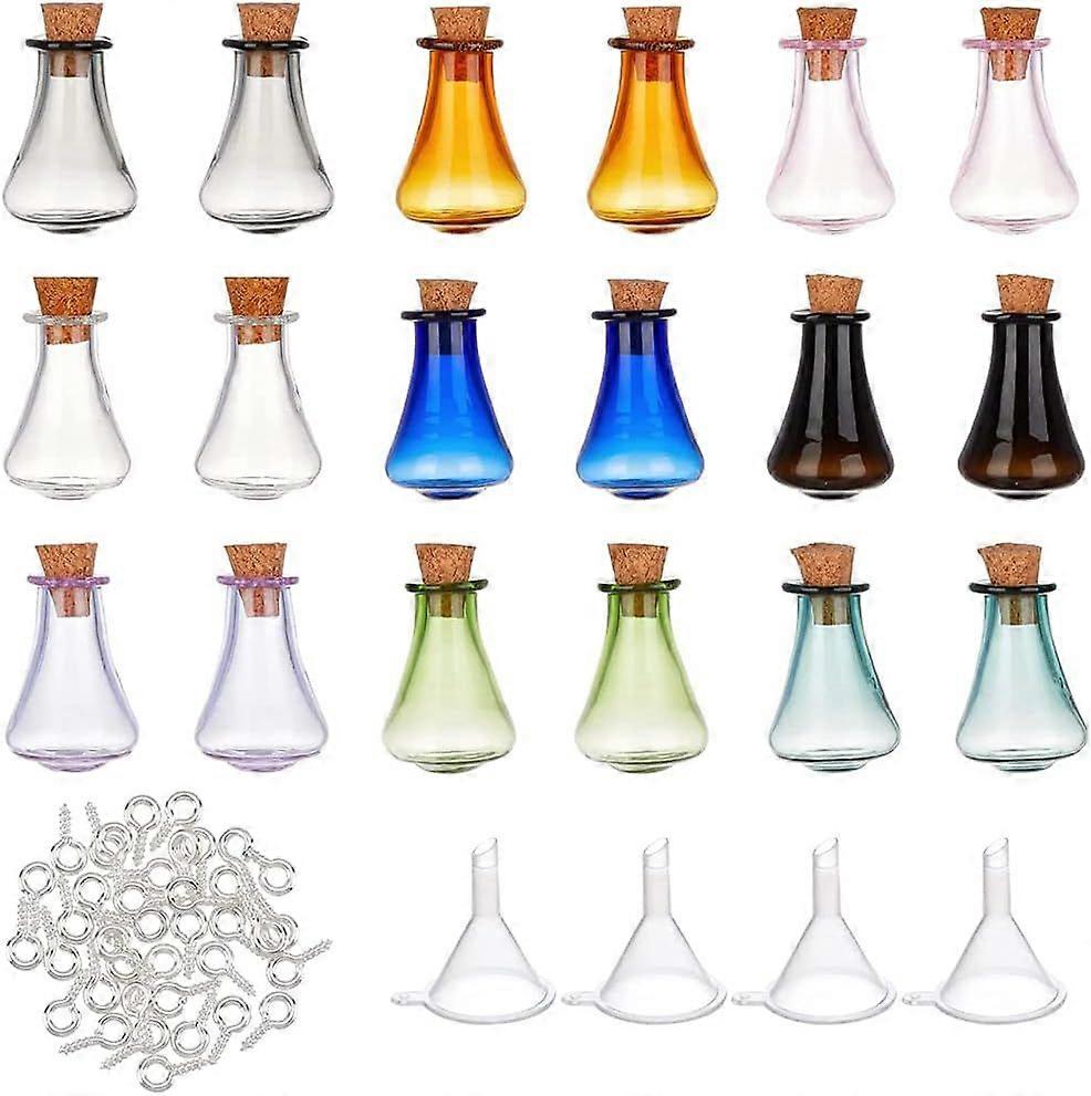 18Pcs 9 Colors Little Bottles with Cork 17x27mm Mini Glass Bottles Tiny Jars Vials with 40Pcs Plastic Funnel Hopper 40Pcs Iron Screw Eye Pin Peg Bails
