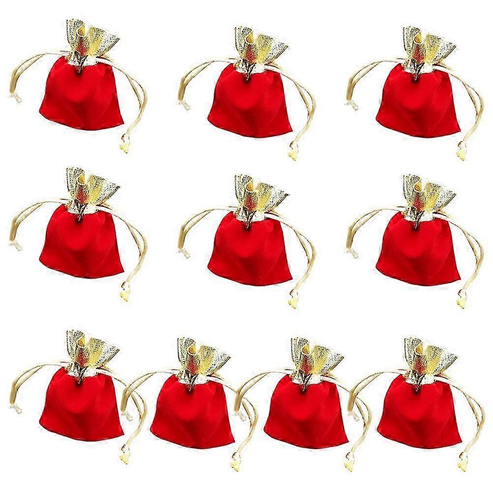 Elegant Design Red Drawstring Jewelry Pouches Gold Rim Rectangular Shape Cloth Material For Festivals 10pcs
