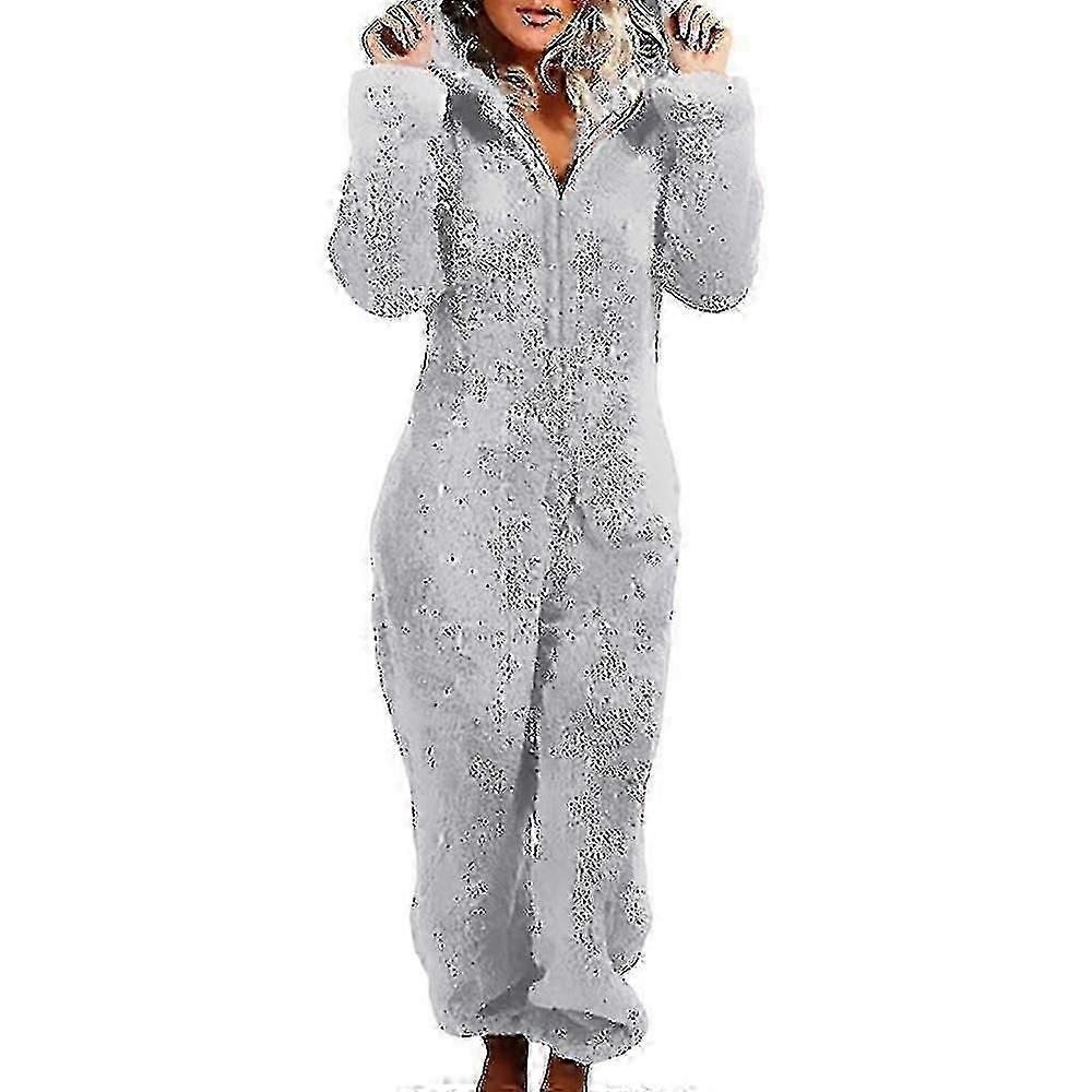 Womens Winter Warm Soft Fluffy Fur Fleece Hooded All In One Jumpsuit