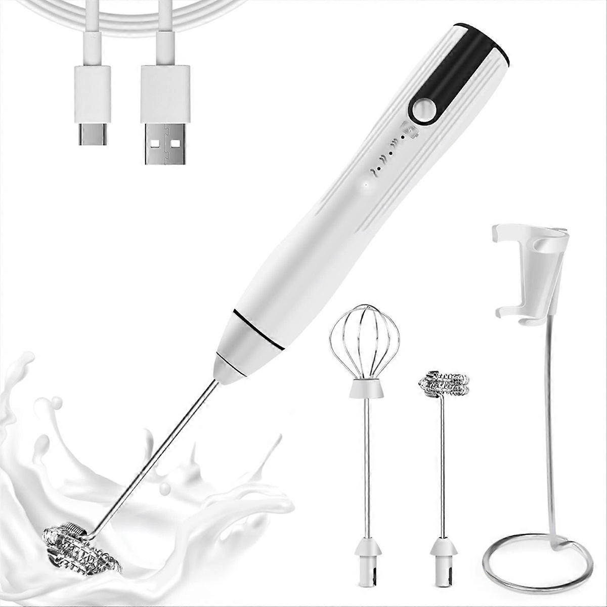 Rechargeable Milk Frother Handheld with 3 Speeds, White