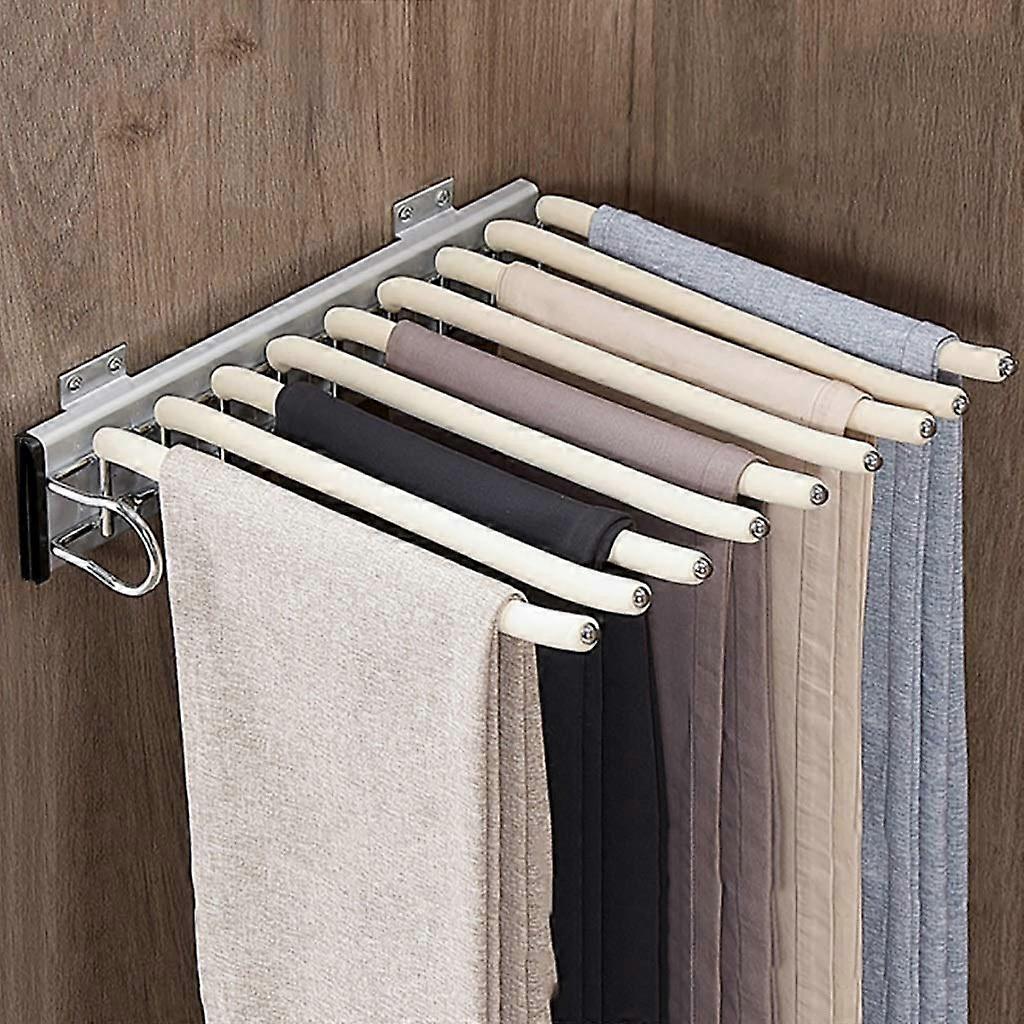 Pull Out Space Saving Pants Hanger Closet Organizer for 9 Trousers with Extendable Flocking Rod