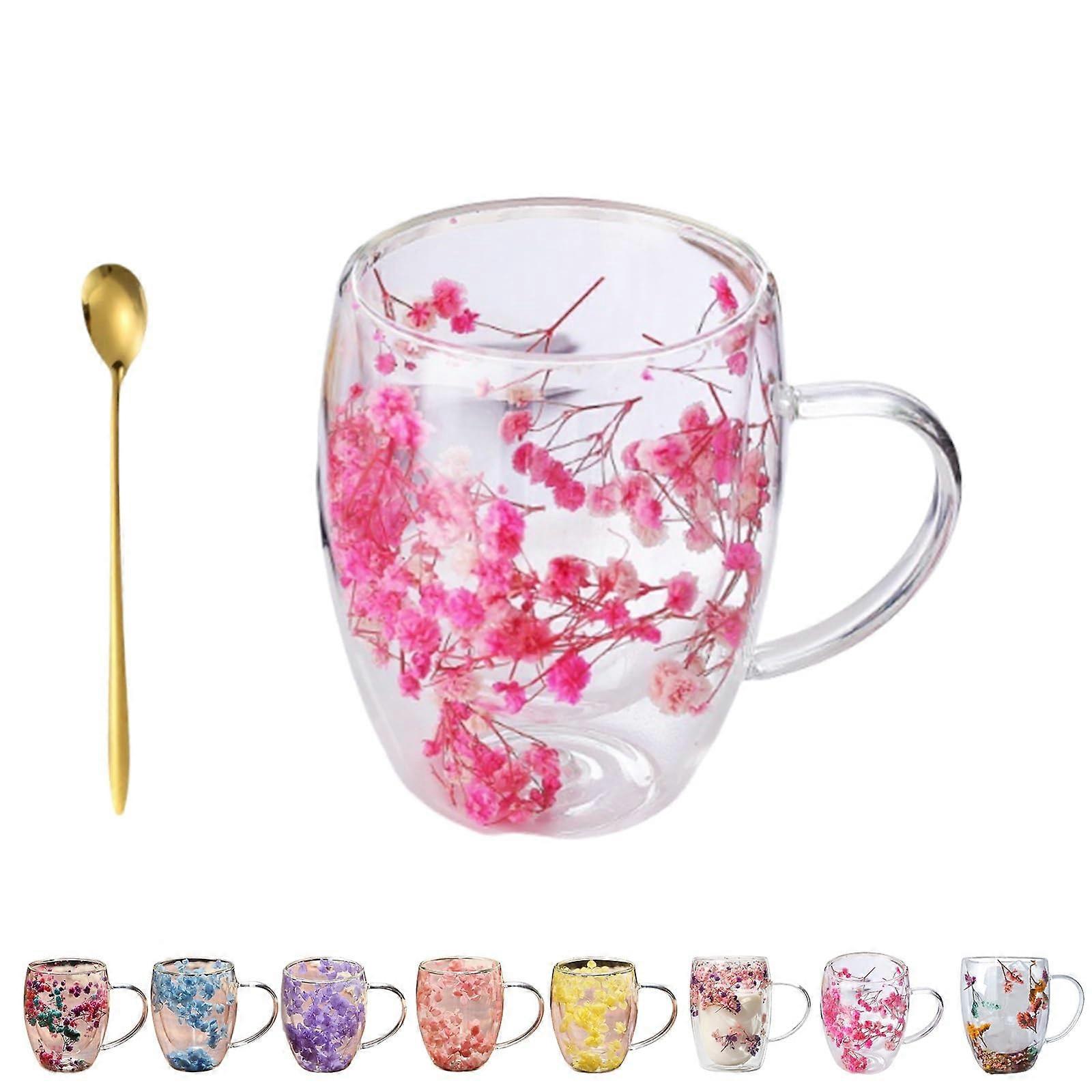 Double Wall Glass Coffee Mug 250ml with Handle, Borosilicate HeatResistant Flower Tea Cup