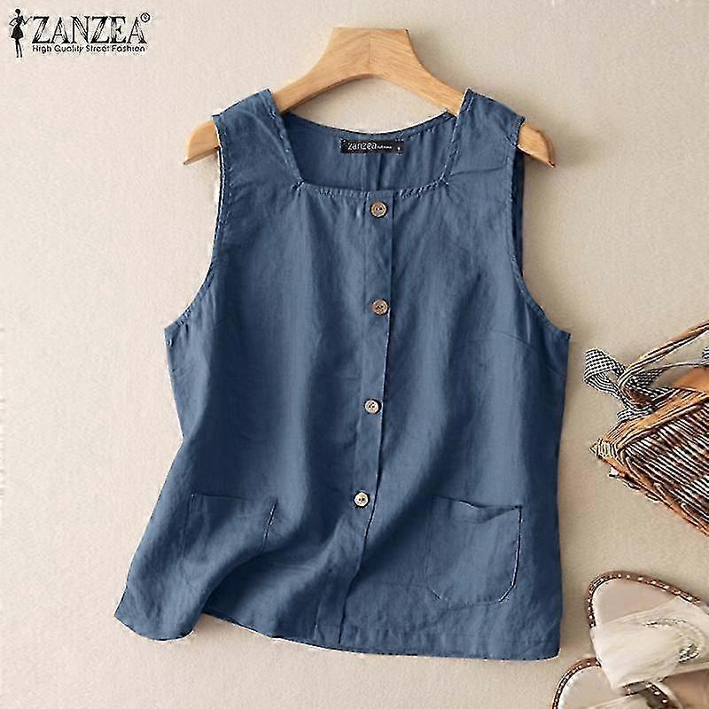 Women's Square Neck Cotton Tank   Breathable Button Down Sleeveless Summer Blouse