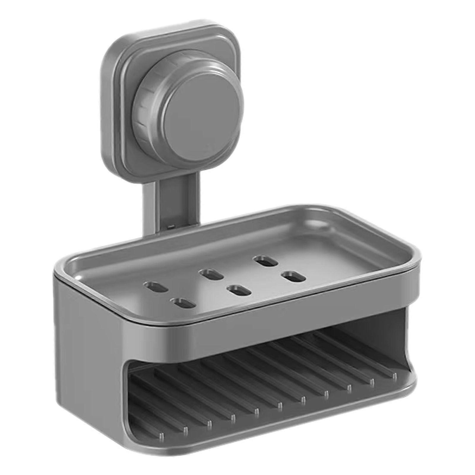 Double Layer Suction Cup Soap Dish with Self Draining Design, Drill Wall Mounted Holder for Bathroom and Kitchen (Grey)