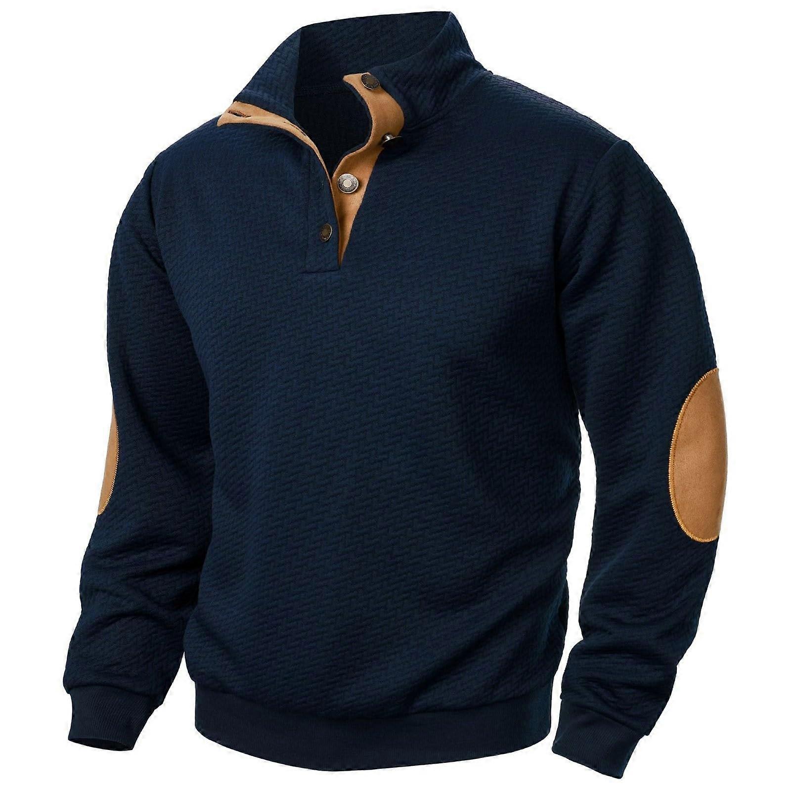 Men's Stand Collar Winter Sweater Jacquard Patchwork Pullover Soft Knit Casual Navy XXL