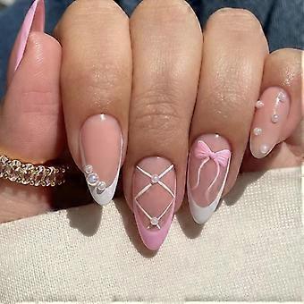Almond Press on Nails Fake Nails Glossy Acrylic Artificial Nails Stick on Nails for Womens 24Pcs 12Sizes Glue On Nails