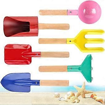 Beach Toys for Kids, 6Pcs 8'' Sand Toys Set Metal Garden Tools with Sturdy Wooden Handle, Gardening Equipment Cylinder, Spoon, Fork, Rake, Flat Shovel