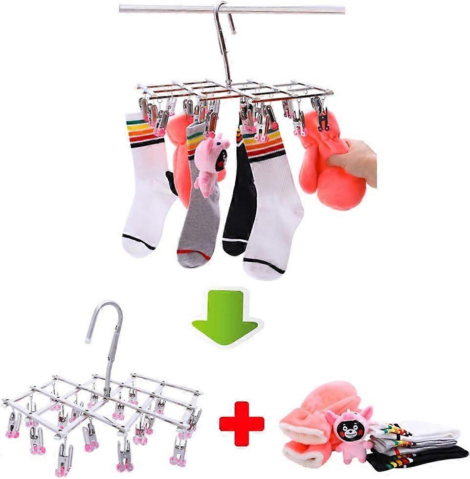 Stainless steel clothes rack, foldable, hanging, windproof (18 clips)