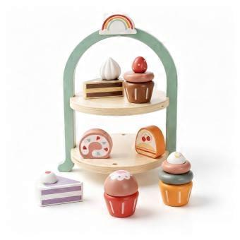 Wooden Dessert Rack with Play Food Pastel Wooden Dessert Playset Smooth
