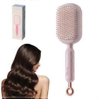 SelfCleaning Hair Brush with AntiStatic Detangling Bristles, Ergonomic Grip, Large Cushion, Pink