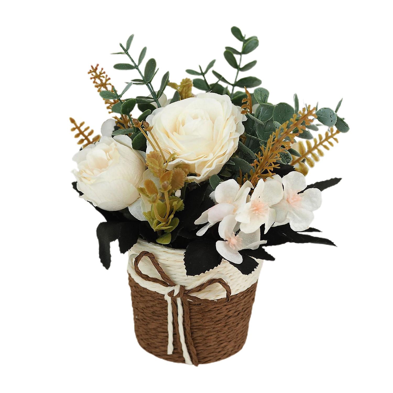 Mini Artificial Flowers: Tea Roses & Eucalyptus in Rattan Basket
