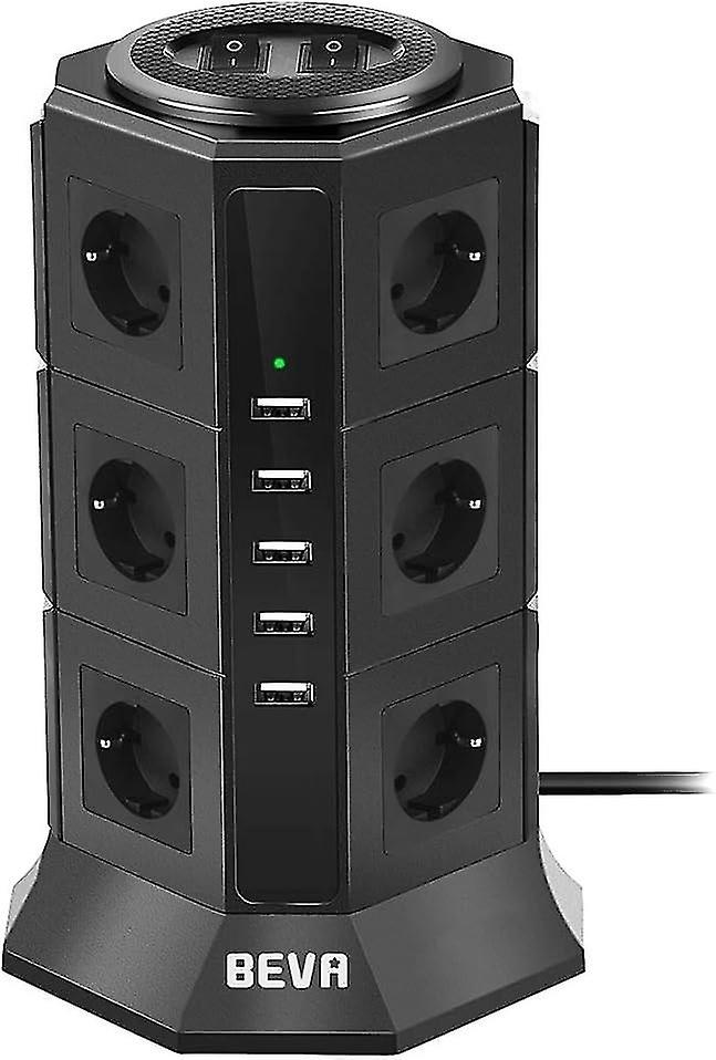 Surge protector with 12 outlets and 5 USB ports with two switching power strips, black