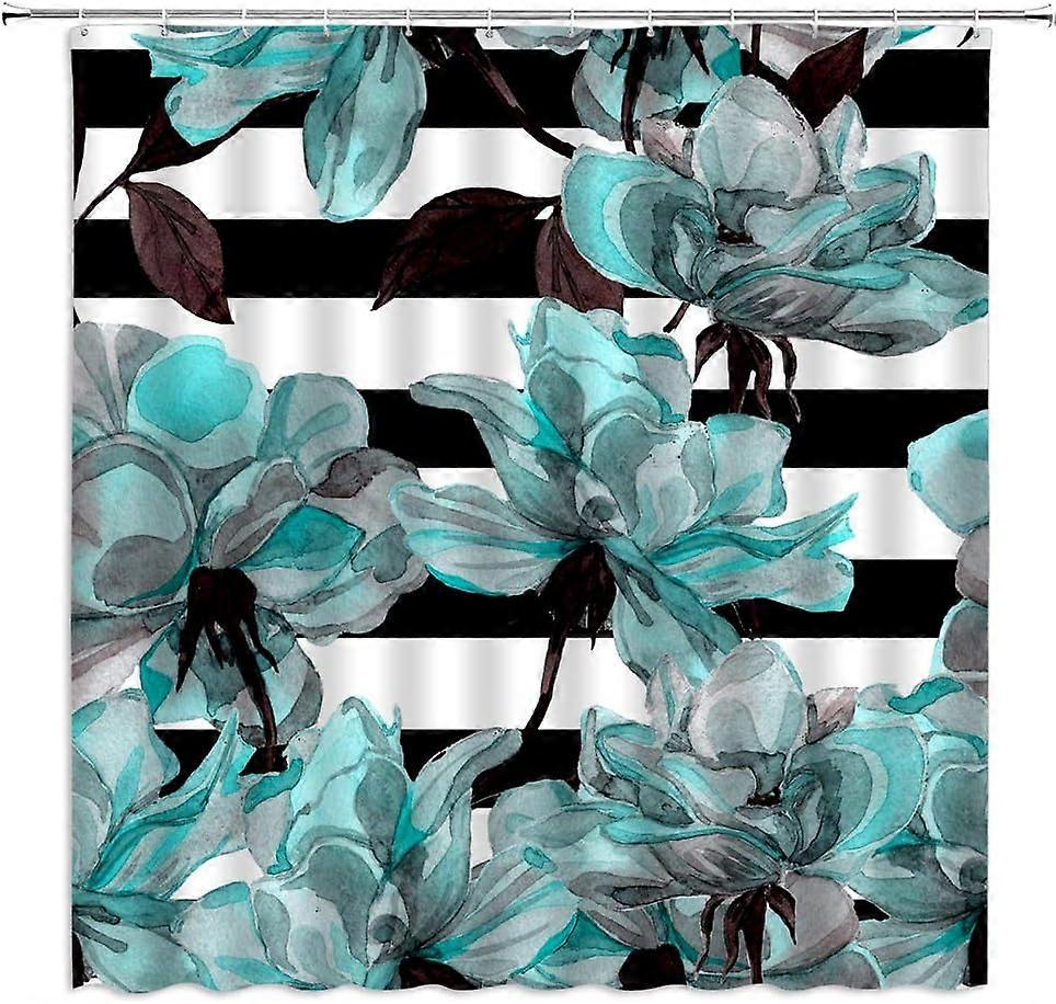 ティールフラワーシャワーカーテンブラック、ホワイトストライプバラ素朴な花柄水彩カラフルな抽象芸術家のバスルームの装飾セットポリエステルファブ