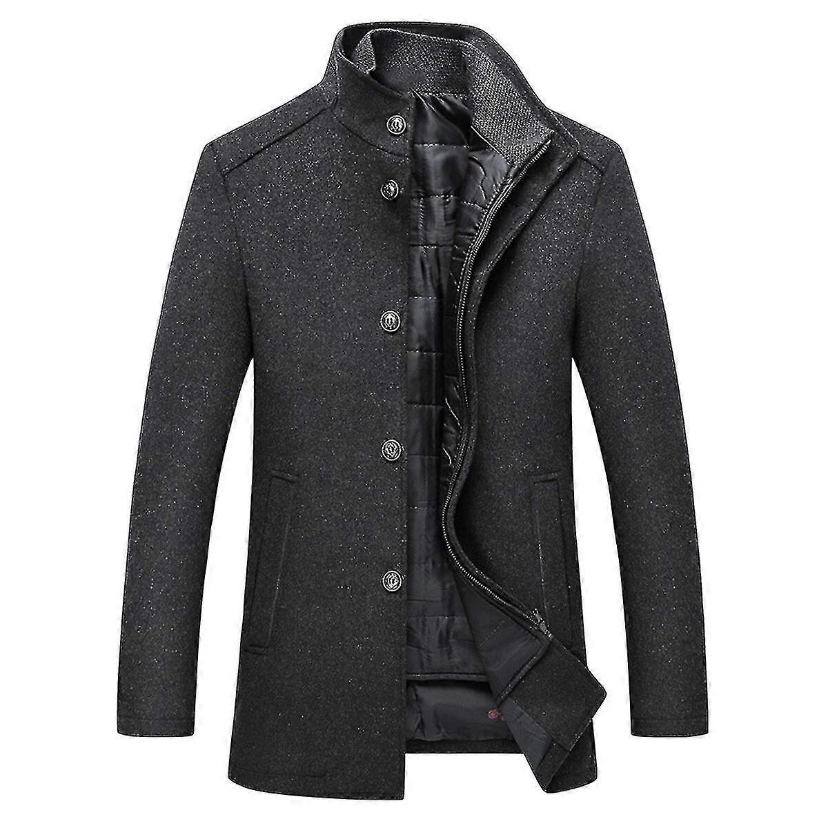 Mens Winter Warm Stand-up Collar Single-breasted Mid-length Woolen Coat (with Thick Vest)