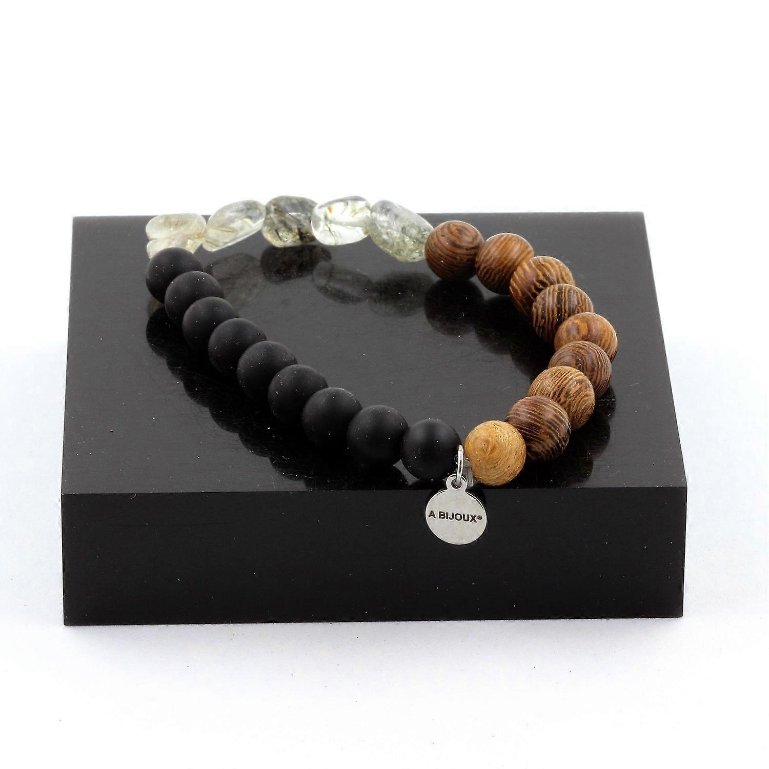 Rutile Tourmaline Quartz Bracelet from Brazil + Matte Black Onyx Beads + Wood 8 mm