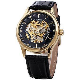 Moda Relojes de pulsera de lujo para hombres Golden Mechanical Watch Correa de cuero Esqueleto Dial Classic Business Reloj Hombre