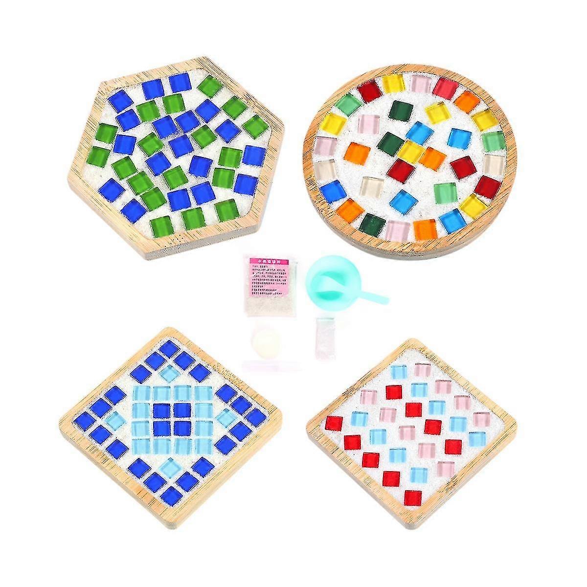4 Sets Diy Glass Mosaic Coaster Tiles For Crafts Mixed Color Mosaic Kits With Wooden Coaster For Adults Mosaic Crafts