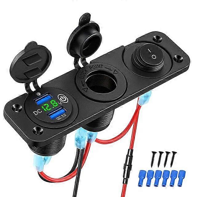 12V USB Outlet Panel 3 in 1 Cigarette Lighter Socket Quick Charge 3.0 with Dual USB Socket LED Voltage Display Toggle Switch