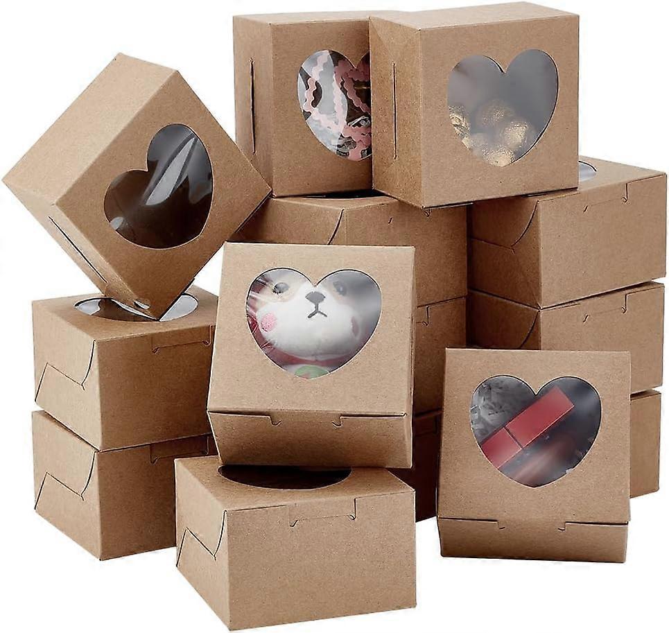 20pcs Christmas Gift Box with Heart Clear Window 3.9x3.9x2.5'' Soap Box Square Kraft Paper Box Treat Bakery Boxes for Christmas Wedding Party Favor Ha