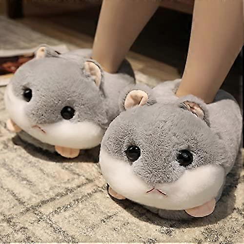 Rabbit/Hamster/Dog Shaped Plush Slippers, Creative Wrapping Fuzzy Warm Lined Winter Drag Shoes for Adults Indoors 35-41CM Grey Hamster One Size