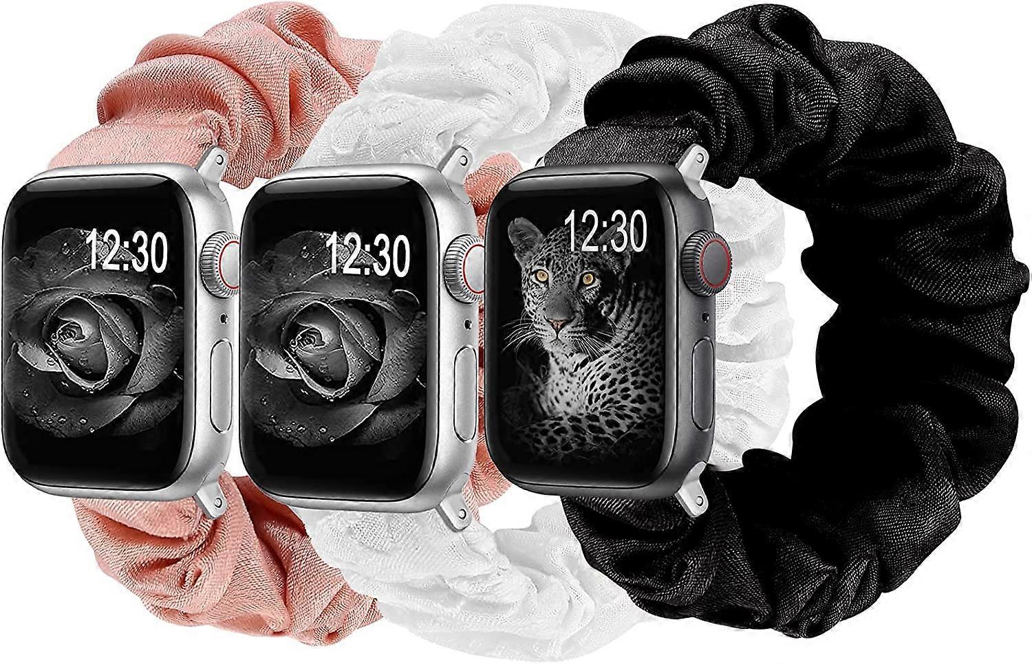 3 Packs Compatible with Apple Watch Band Scrunchies 38mm Cloth Soft Pattern Printed Fabric-Small size 38/40mm - Silver connector