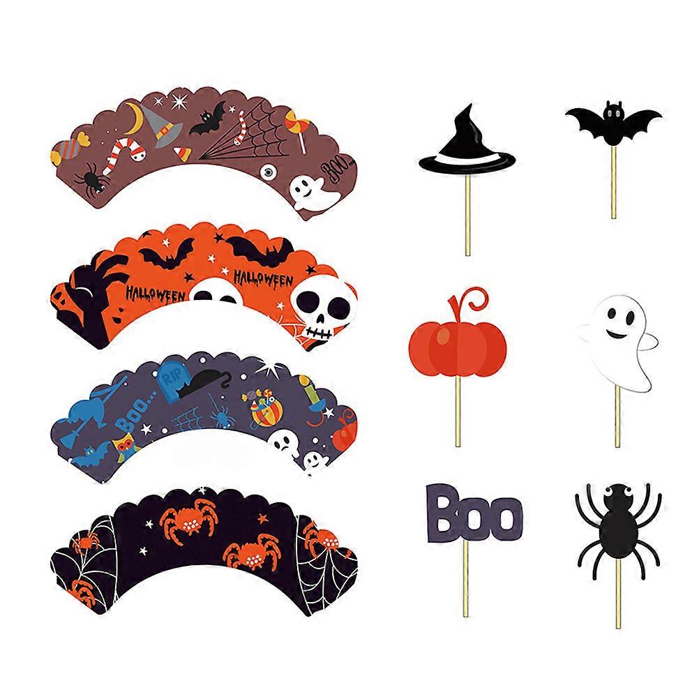 48 Pcs/Set Halloween Elements Paper Cake Wrappers and Cake Toppers Baking Decoration Accessory for Halloween Party Random Pattern