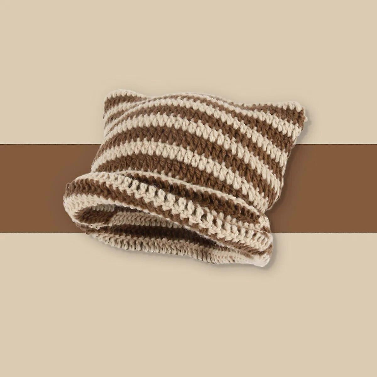 4Pcs Y2K Gothic Cat Ear Knitted Beanie - Kawaii Little Devil Hat For Women, Winter Warm Slouchy Beanies, Brown Stripe