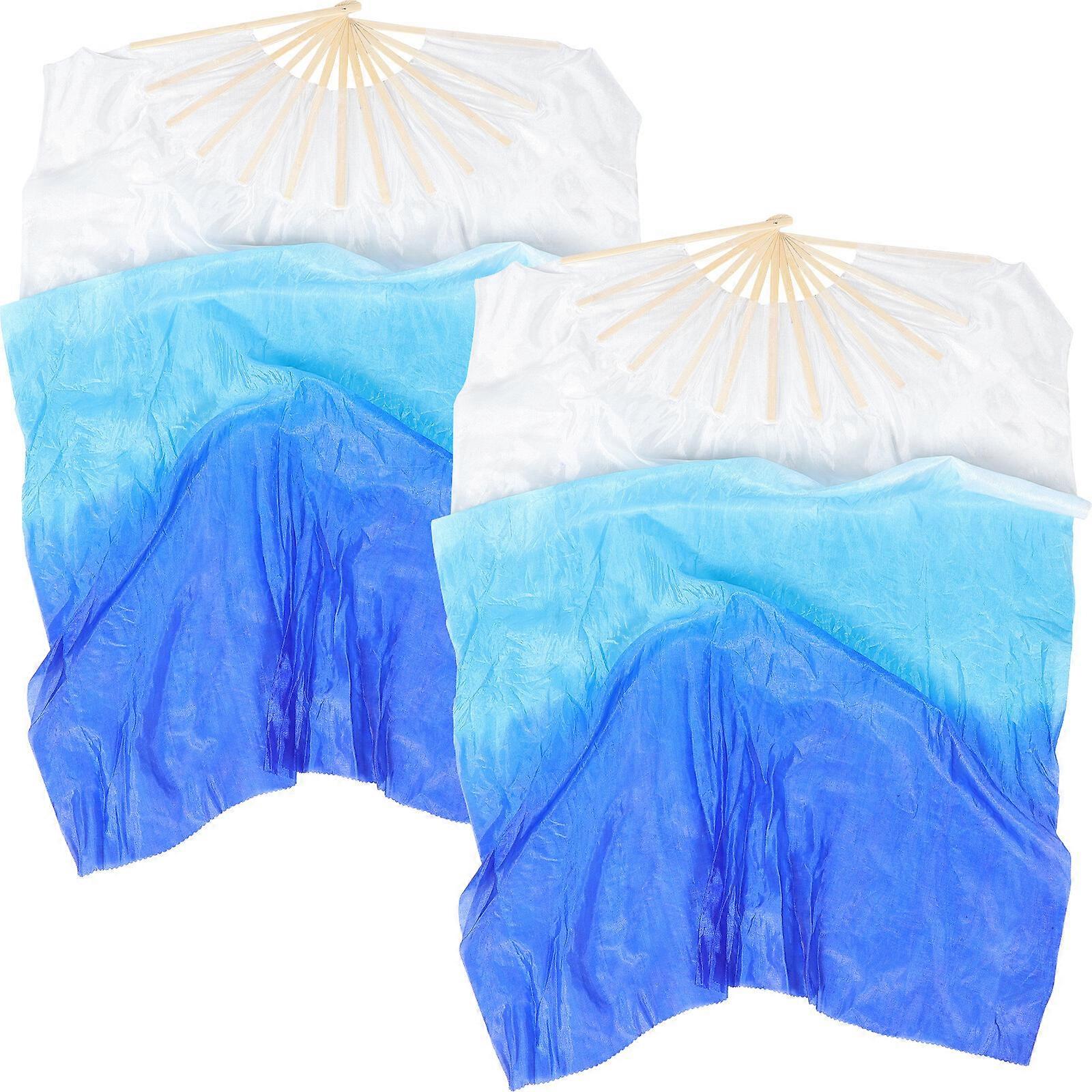 2Pcs Decorative Lengthened Dance Fan Wood Handle Fan Gradient Color Fan For Dance Performance