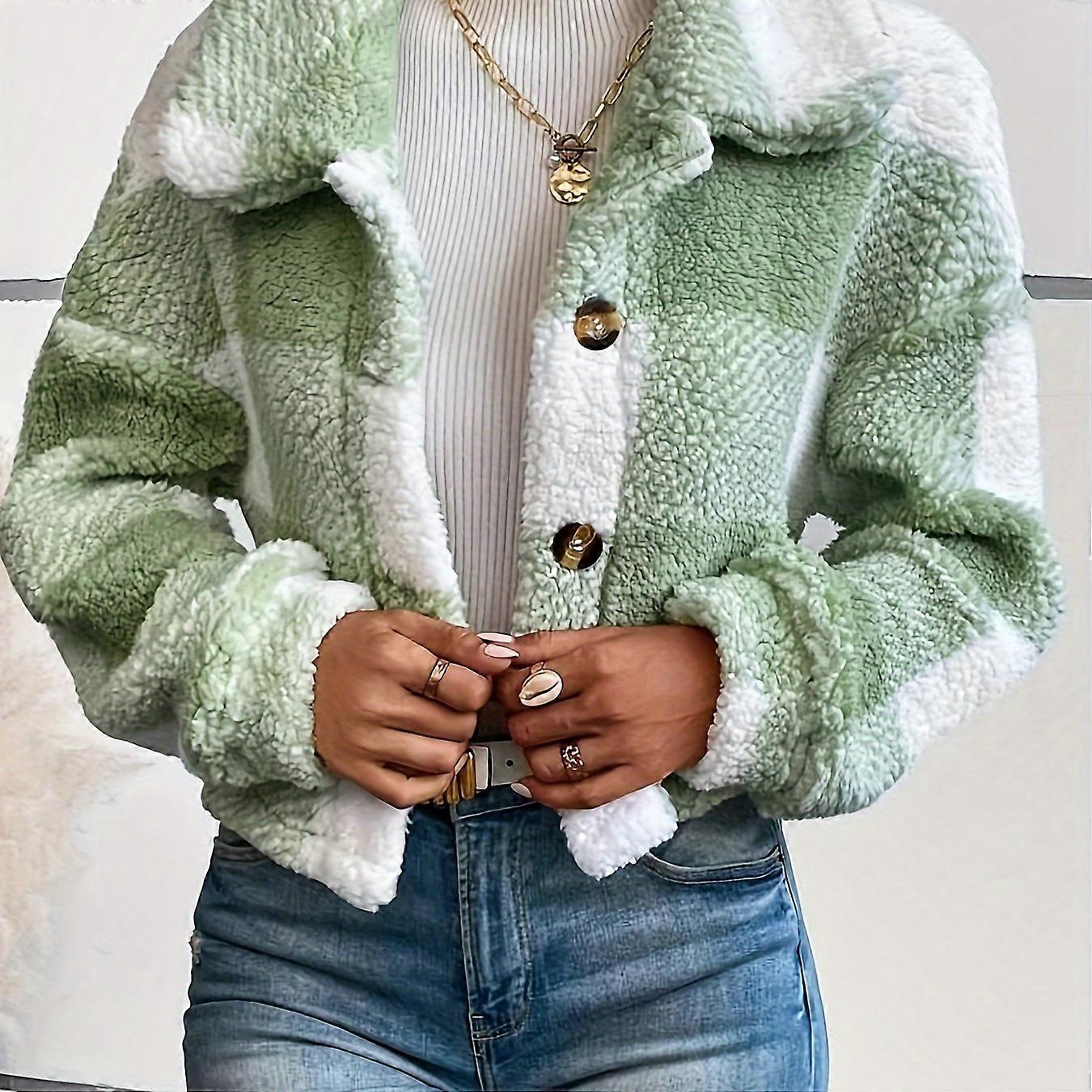 New style Plaid Pattern Button Front Teddy Coat, Versatile Long Sleeve Winter Thermal Outwear, Women's Clothing