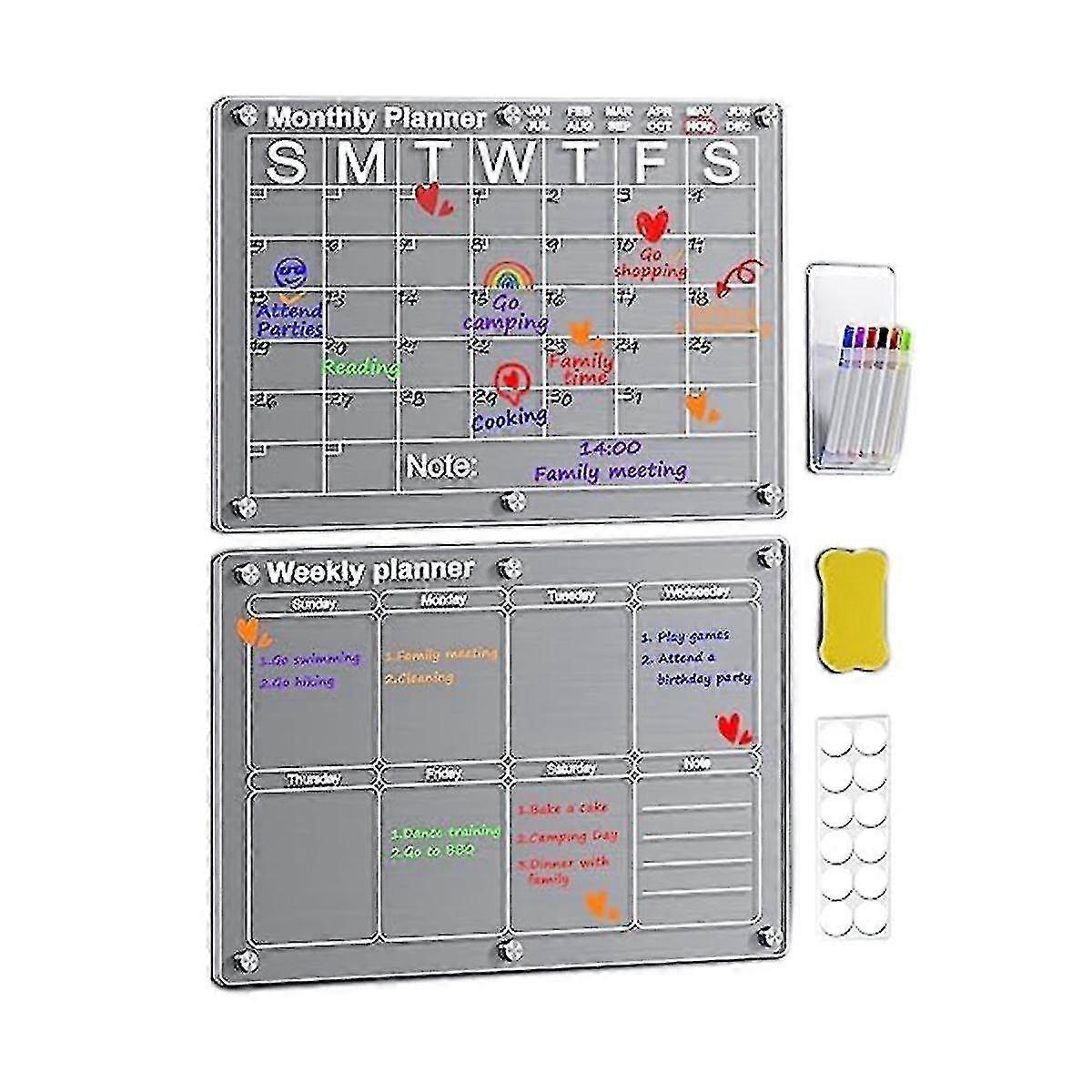 Magneettinen akryylikalenteri jääkaappiin, 2 kpl kirkas kuivapyyhintälevy jääkaappiin, uudelleenkäytettävä kuukausi- ja viikkosuunnittelija