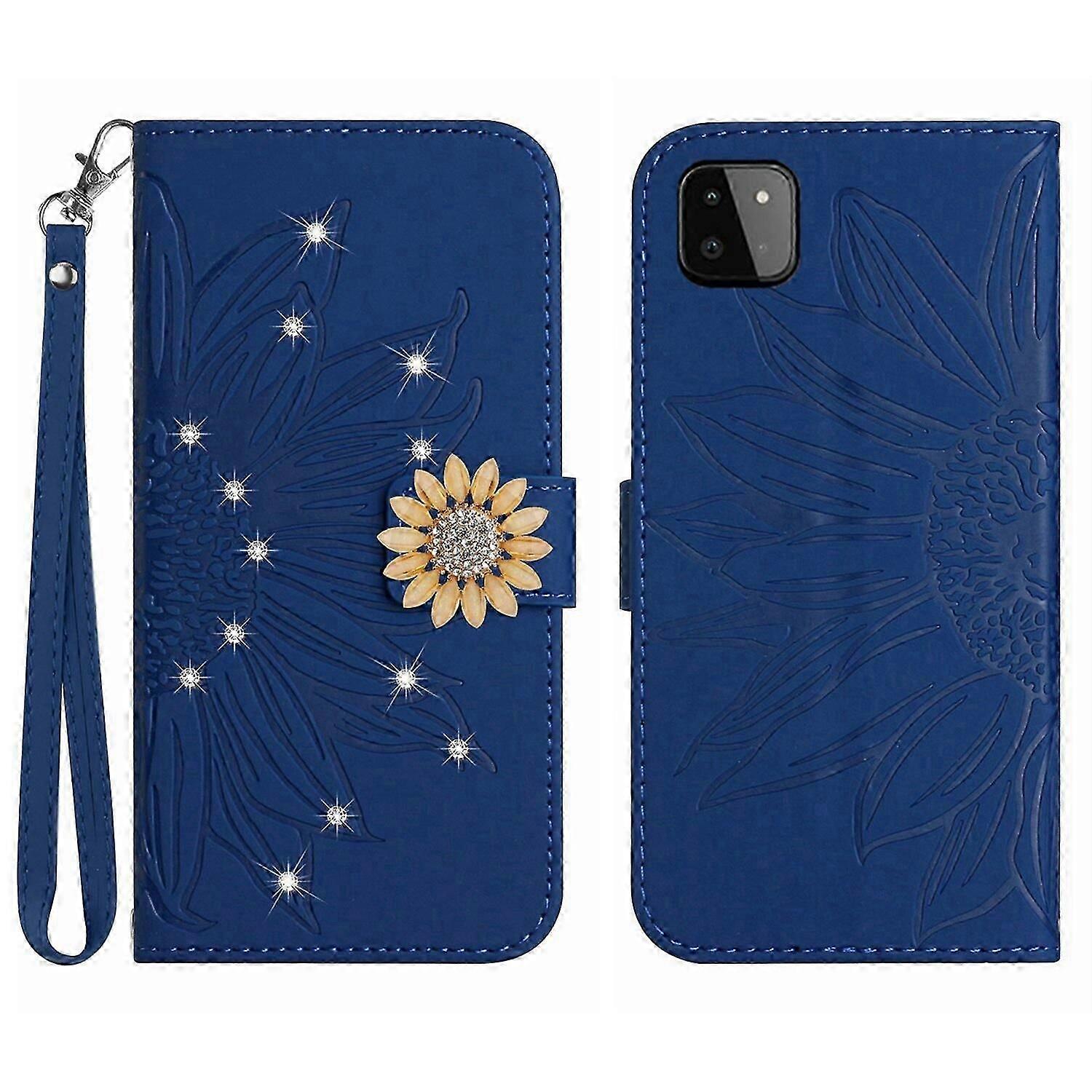 Compatible With Samsung Galaxy A22 5G Embossed Sunflower with Diamonds Magnetic Card Holder Wallet Phone Case with Short Strap