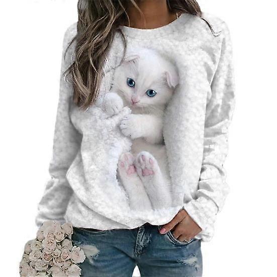 Windproof Comfortable Stylish Round Neck Lovely White Cat Print Casual Basic Sweatshirt Jumper