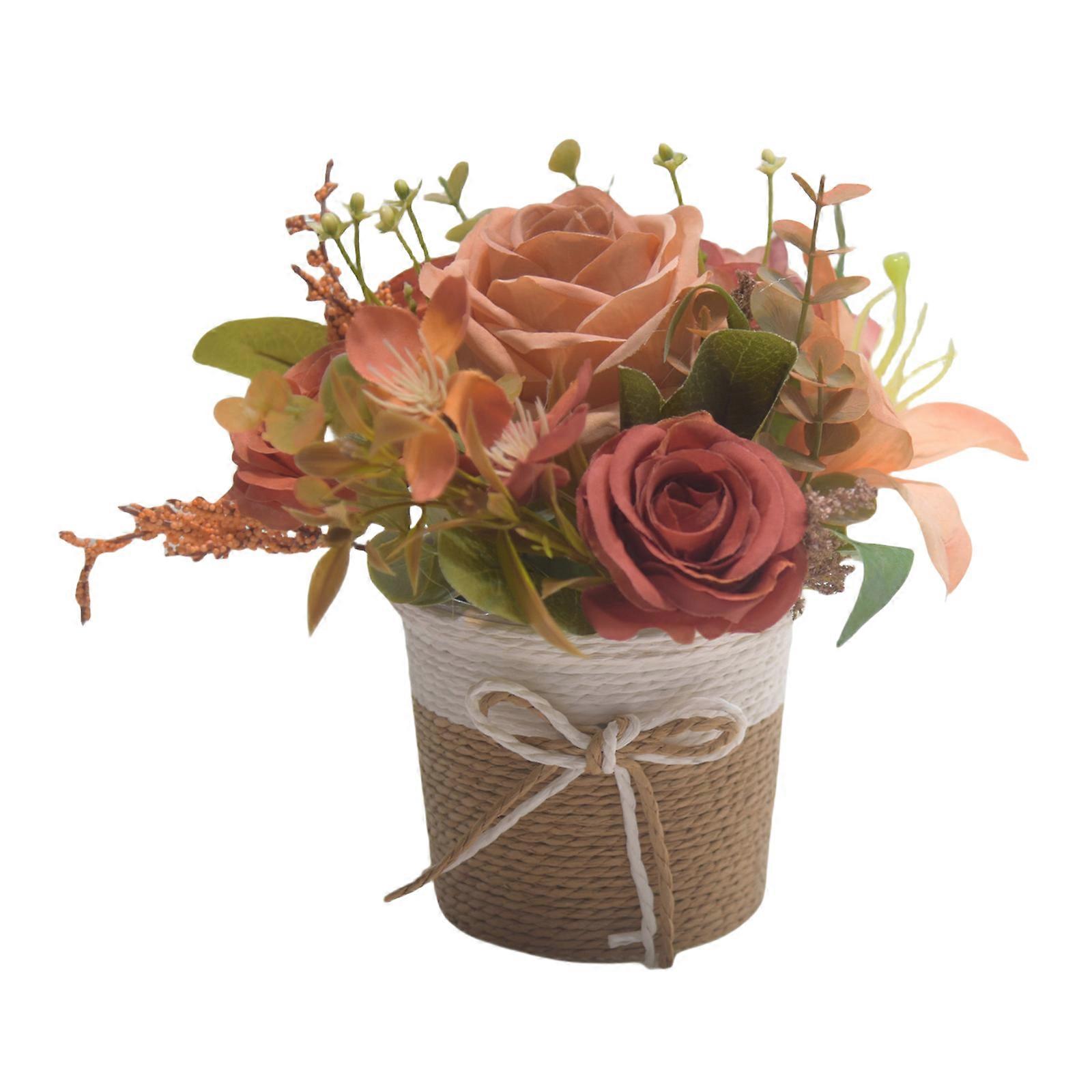 Realistic Faux Flowers in Vase Artificial Silk Roses in Vase Suitable for Various Decorative Setting for Thanksgiving Coffee color