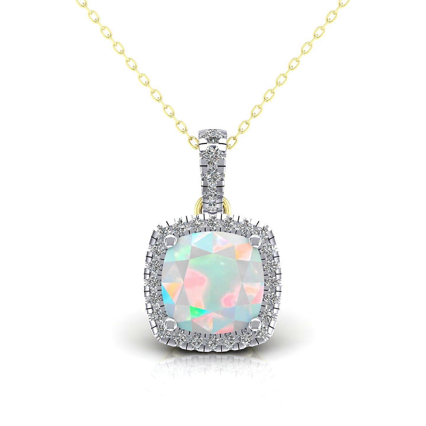 Jewelco London 女士 2 色 9 克拉金彩虹垫形蛋白石 CZ 单颗光环簇吊坠项链 16-20 英寸