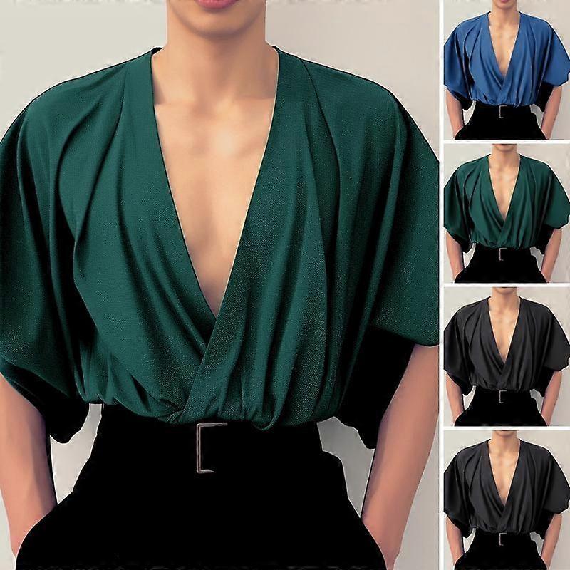 INCERUN Men Deep V Neck Solid Elegant Shirts Puff Sleeve Tops